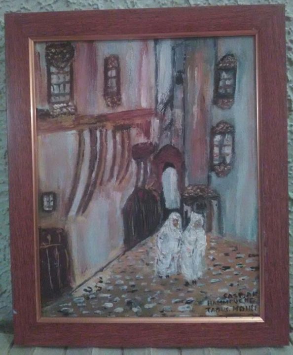 Painting titled "Ruelle de la casbah" by Taous Hammouche, Original Artwork, Oil