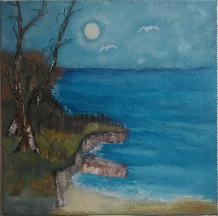 Painting titled "La mer" by Taous Hammouche, Original Artwork, Oil