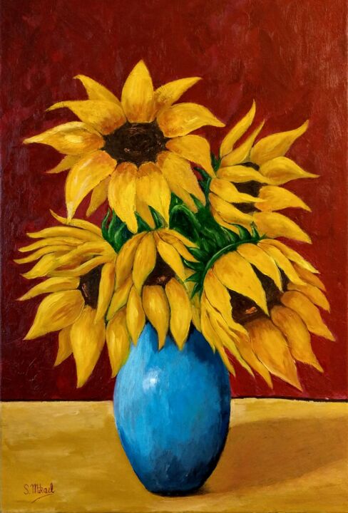 Painting titled "Les Tournesols" by Michael Aoun, Original Artwork, Oil Mounted on Wood Stretcher frame