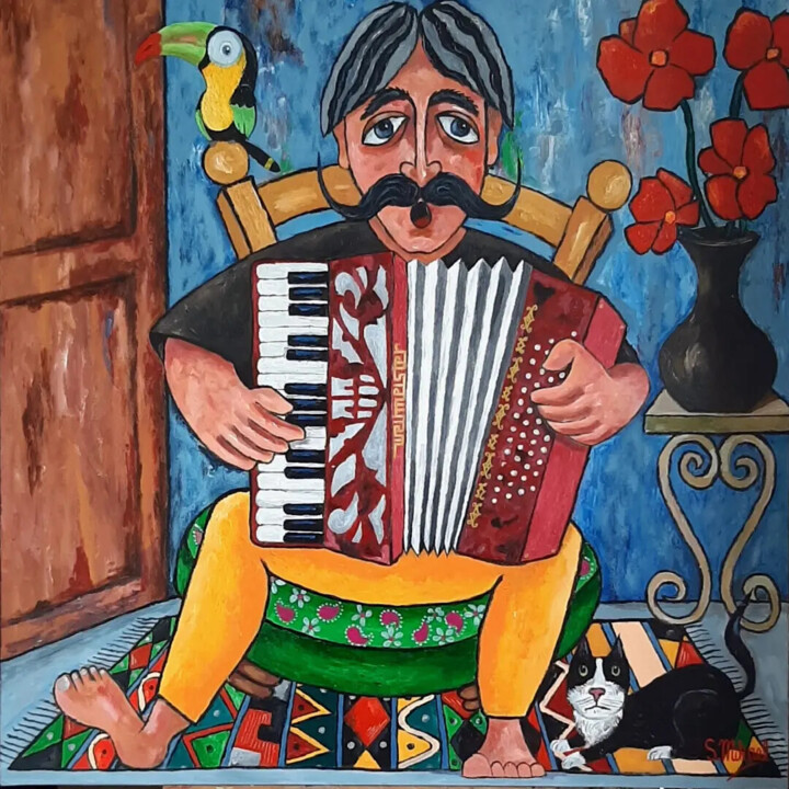 Painting titled "The accordionist" by Michael Aoun, Original Artwork, Acrylic