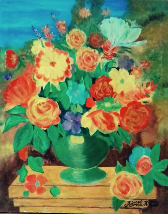 Painting titled "Vase a fleurs 2" by Amor Aoun, Original Artwork, Oil