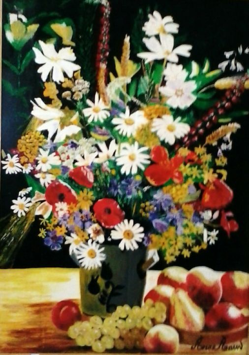 Painting titled "Mille et un fleurs" by Amor Aoun, Original Artwork, Oil