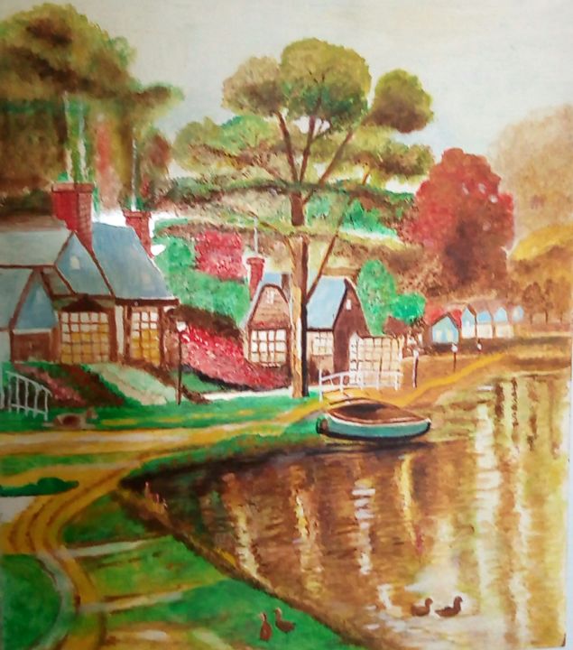 Painting titled "Les maisons du lac" by Amor Aoun, Original Artwork, Oil