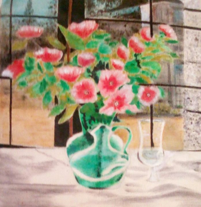 Painting titled "Vase a fleurs 4" by Amor Aoun, Original Artwork, Oil