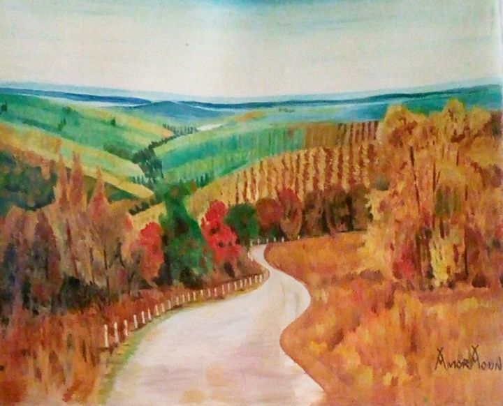 Painting titled "Paysage" by Amor Aoun, Original Artwork, Oil