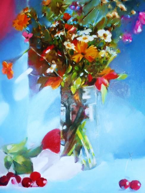 Painting titled "fleurs sur fond bleu" by Marina Augustin, Original Artwork