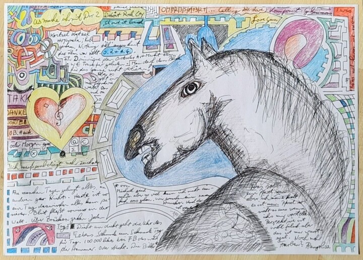 Zeichnungen mit dem Titel "Pferd mit Herz" von Armin Andreas Pangerl, Original-Kunstwerk, Tinte