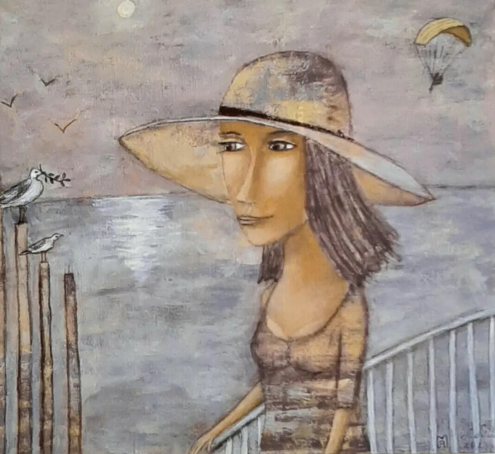 Painting titled "Девушка в шляпе" by Anna Milkis, Original Artwork, Acrylic