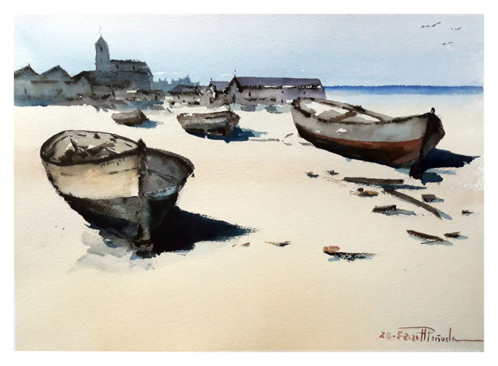 Painting titled "tres barcas" by Apeñuela, Original Artwork, Watercolor