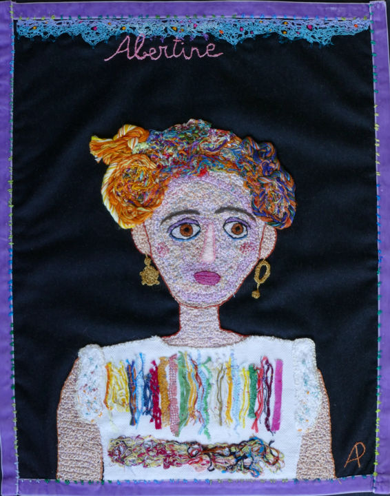 Art textile intitulée "Albertine" par Apignat, Œuvre d'art originale, Broderie