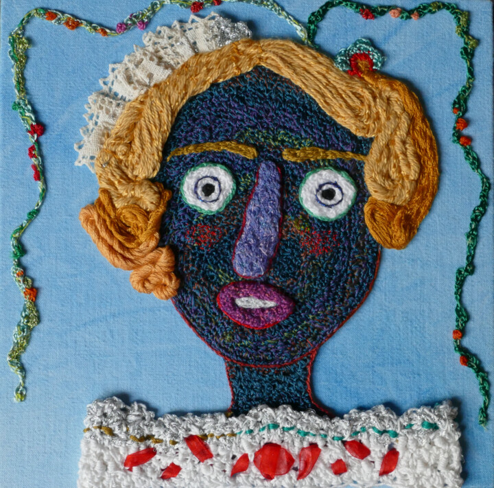 Textile Art titled "Anika" by Apignat, Original Artwork, Embroidery Mounted on Cardboard