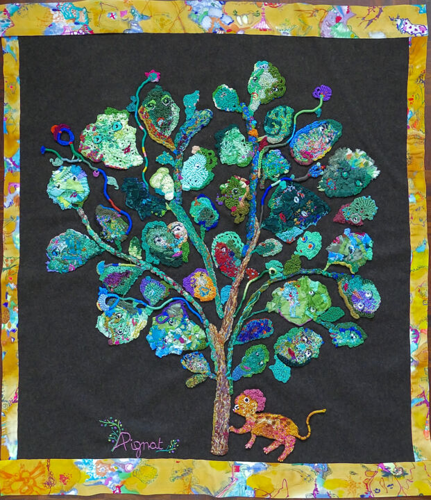 Art textile intitulée "L'arbre aux lioncea…" par Apignat, Œuvre d'art originale, Broderie