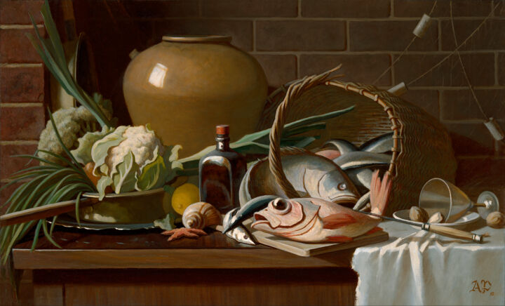 Painting titled "Dutch style still l…" by Andrey Pingachev, Original Art, Oil Mounted on Stretcher frame