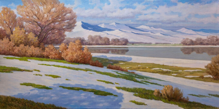 Peinture intitulée "Sunny autumn day in…" par Andrey Pingachev, Œuvre d'art originale, Huile Monté sur Châssis en bois