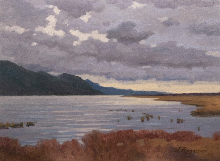 Painting titled "Winter Evening" by Andrey Pingachev, Original Artwork, Oil Mounted on Cardboard