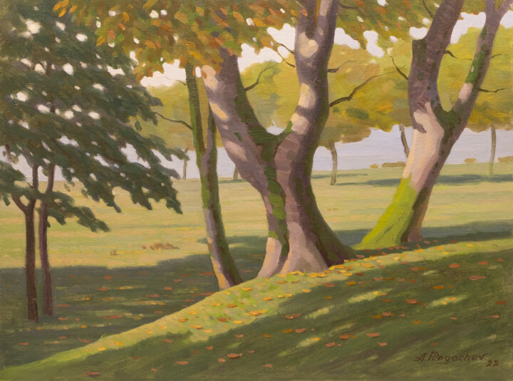 Painting titled "Oak trees" by Andrey Pingachev, Original Artwork, Oil Mounted on Cardboard