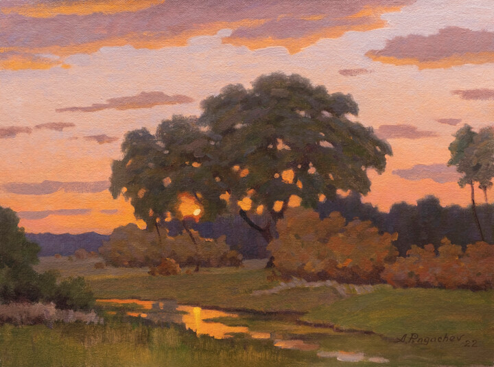 Painting titled "Summer evening" by Andrey Pingachev, Original Artwork, Oil Mounted on Cardboard
