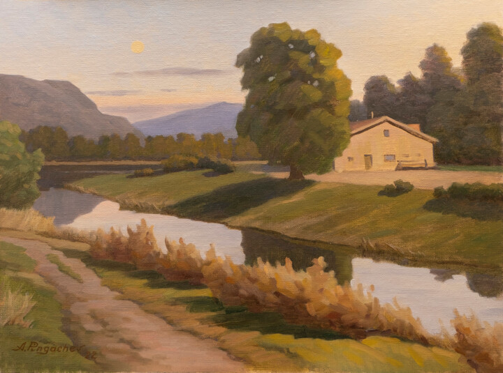 Painting titled "Morning moon #2" by Andrey Pingachev, Original Artwork, Oil Mounted on Cardboard