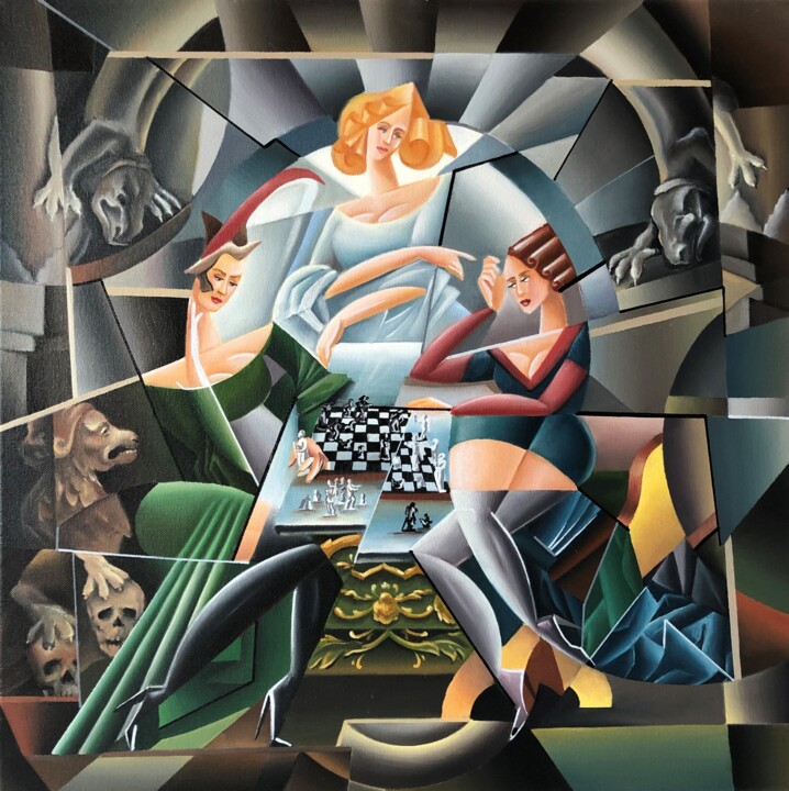 Peinture intitulée "«Chess Players» Tri…" par Apollonas Soben, Œuvre d'art originale, Huile Monté sur Châssis en bois