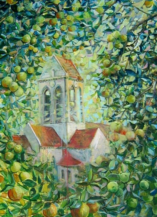 Painting titled "L'église d' Auvers-…" by Applestrophe, Original Artwork, Acrylic