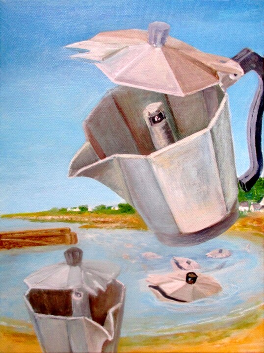 Peinture intitulée "Cafetières de L'Île…" par Applestrophe, Œuvre d'art originale, Acrylique Monté sur Panneau de bois