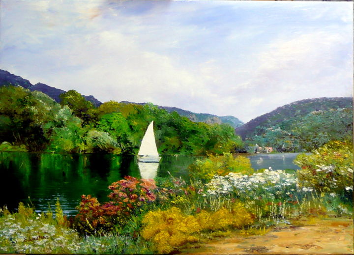 Peinture intitulée "bord de Meuse à Wép…" par Emile Wouters, Œuvre d'art originale,