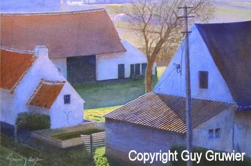 Painting titled "The blue Farm" by Guy Gruwier, Original Artwork