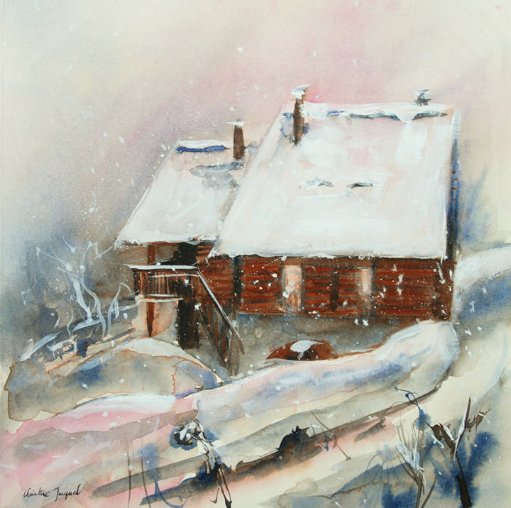 Malerei mit dem Titel "Chalet sous la neige" von Christine Jacquel, Original-Kunstwerk, Gouache