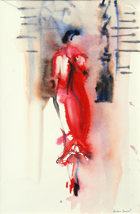 Painting titled "Femme en rouge" by Christine Jacquel, Original Artwork, Watercolor