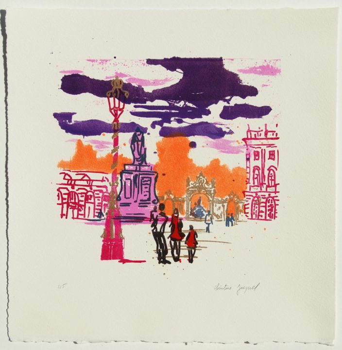 Gravures & estampes intitulée "Place Stanislas num…" par Christine Jacquel, Œuvre d'art originale, Lithographie