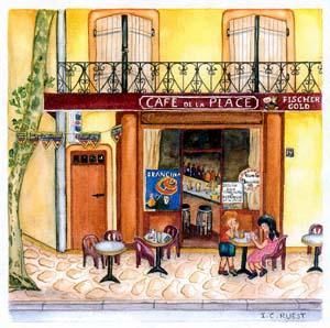 Gravures & estampes intitulée "café de la place" par Isabelle Ruest, Œuvre d'art originale, Gravure
