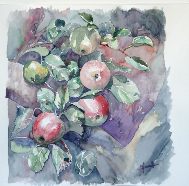 Malerei mit dem Titel "les pommes" von Aquarelleencevennes, Original-Kunstwerk