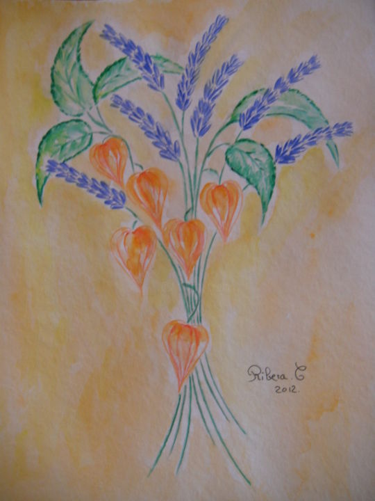 Painting titled "PHYSALIS  & LAVANDE…" by Corinne Ribera, Original Artwork