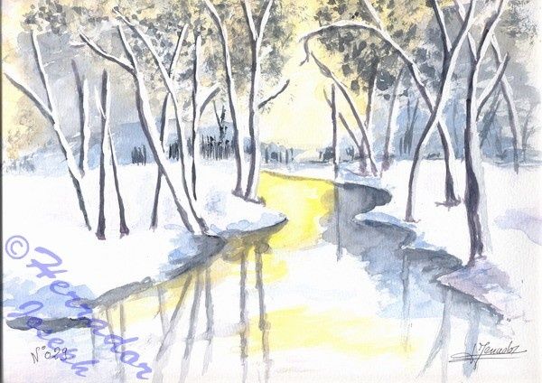 Painting titled "ruisseau en hiver" by Joseph Herrador, Original Artwork, Oil