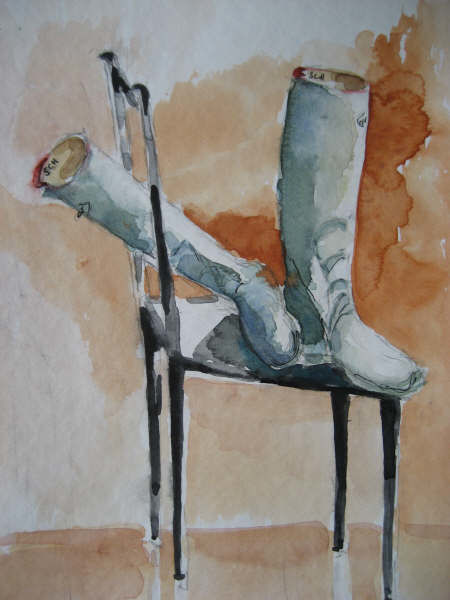Schilderij getiteld "Chaise et Bottes" door Jacqueline De Streel, Origineel Kunstwerk