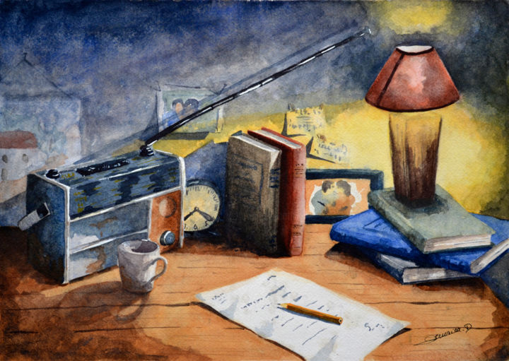 Malerei mit dem Titel "La Vielle Radio" von Dominique Serusier, Original-Kunstwerk, Aquarell
