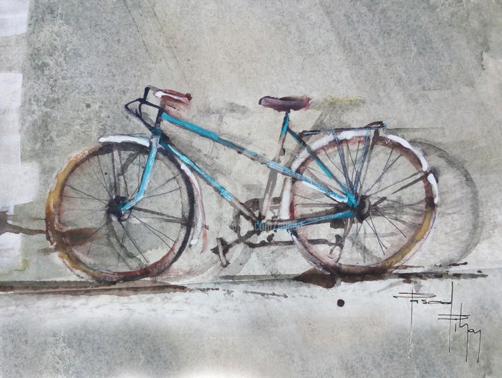 Peinture intitulée "Le vélo bleu" par Pascal Pihen, Œuvre d'art originale, Acrylique