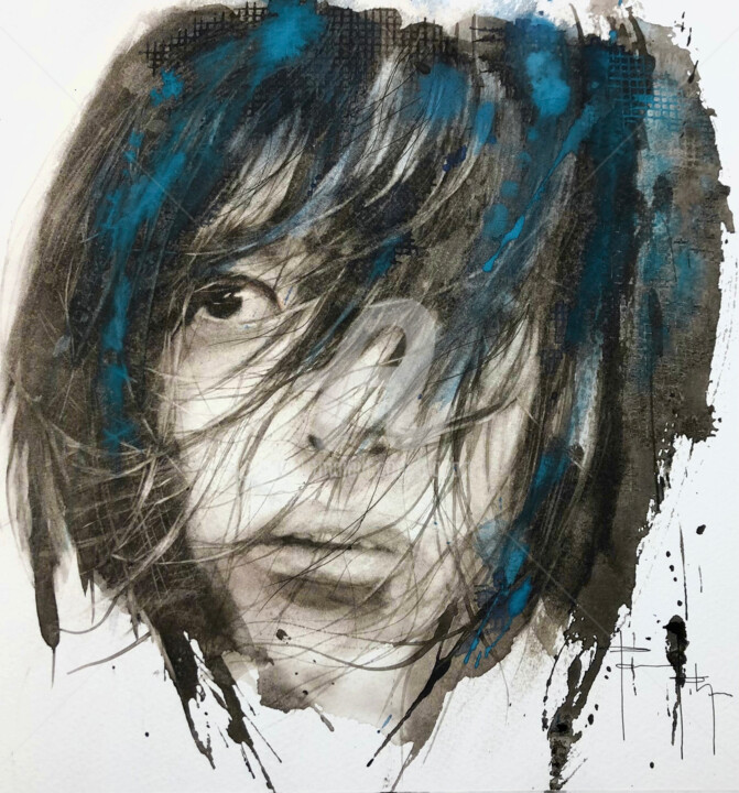 제목이 "Regard noir bleu nu…"인 미술작품 Pascal Pihen로, 원작, 수채화 기타 단단한 패널에 장착됨