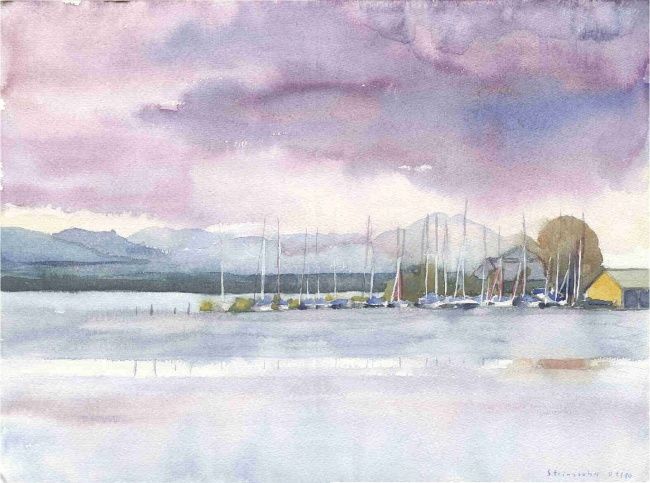 Painting titled "Harbour of Seebruck…" by Jürgen Steingruber, Original Art, Oil