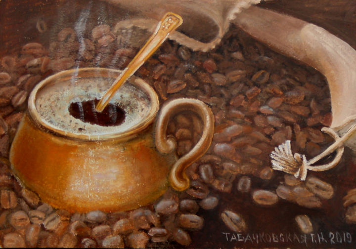Картина под названием "Кофе горячий и в зё…" - Табачковская, Подлинное произведение искусства, Масло