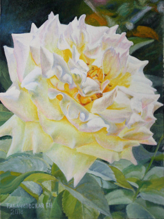 Картина под названием "Жёлтая роза" - Табачковская, Подлинное произведение искусства, Масло