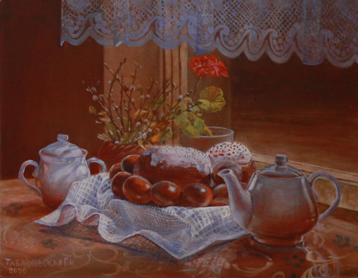 Картина под названием "Пасхальный натюрморт" - Табачковская, Подлинное произведение искусства, Масло