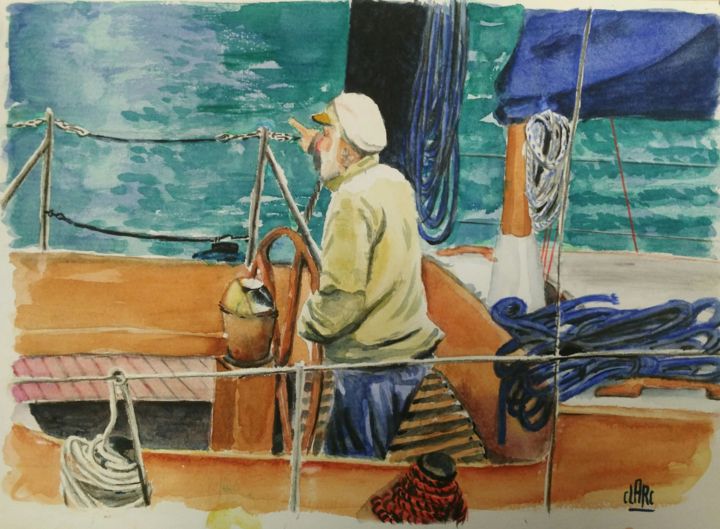 Malerei mit dem Titel "Retour au port" von Claude Arcambal, Original-Kunstwerk, Aquarell
