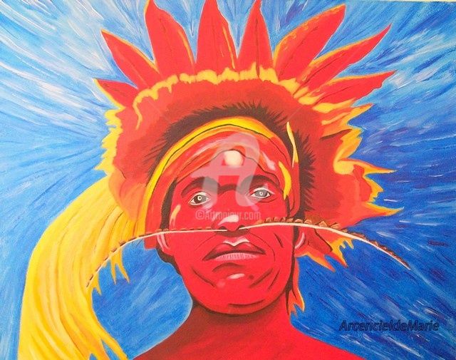 Peinture intitulée "Tribesman   coiffe…" par Arc En Ciel De Marie, Œuvre d'art originale, Huile