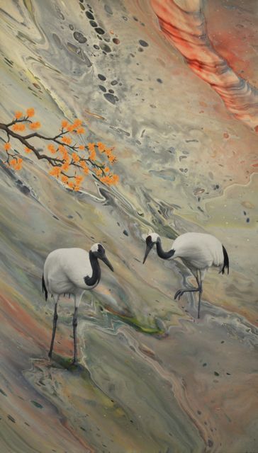 Painting titled "Asian Cranes" by Archie Batten, Original Artwork