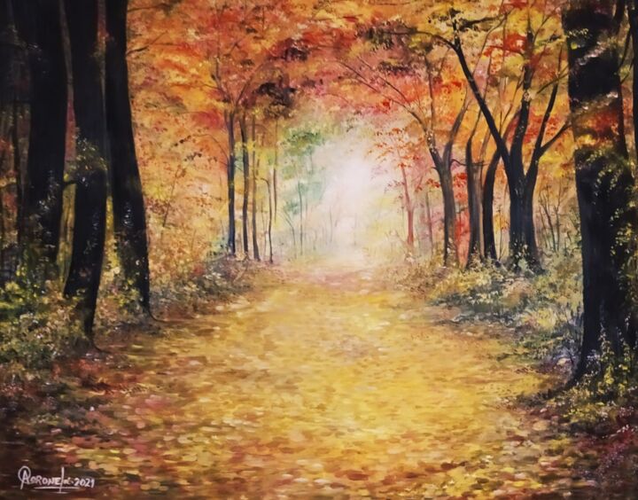 Pintura titulada "Camino de árboles" por Arturo Jose Coronel, Obra de arte original, Oleo