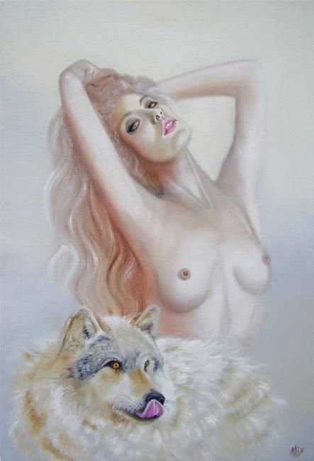Malerei mit dem Titel "Le rêve du loup" von Alix, Original-Kunstwerk, Öl