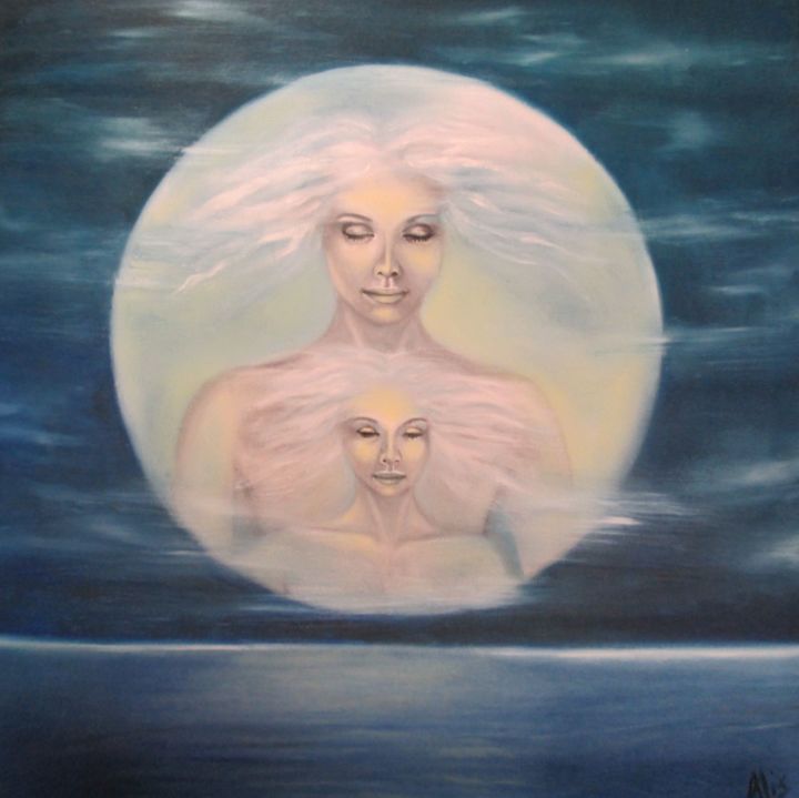 Painting titled "My mother, the moon." by Alix, Original Artwork, Oil