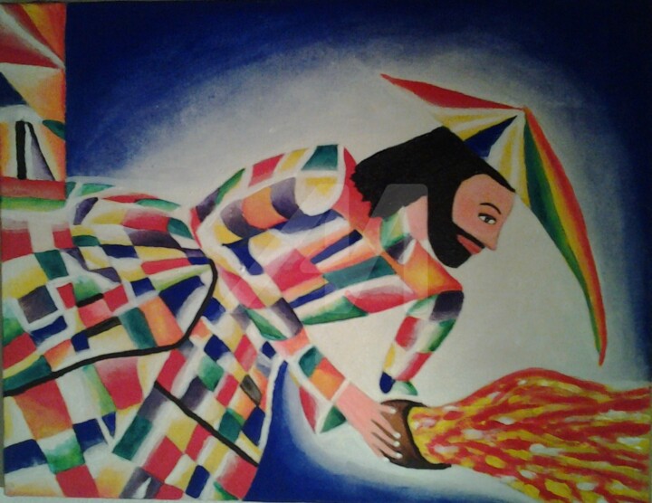 Pittura intitolato "Arlecchino e il fuo…" da Arduino Rossi, Opera d'arte originale, Acrilico