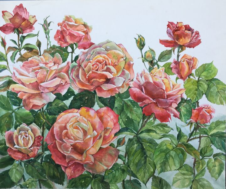 Art textile intitulée "Розы в саду" par Svetlana Arefeva, Œuvre d'art originale, Tissu